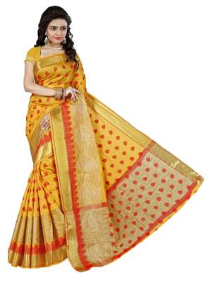 Kimisha Women's Yellow Cotton Woven Saree With Jacquard Work & Designer Pallu 1