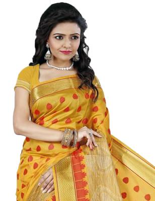 Kimisha Women's Yellow Cotton Woven Saree With Jacquard Work & Designer Pallu 2