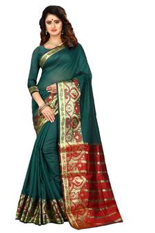 Kimisha Women's Green Jacquard Cotton Silk Saree With Designer Pallu
