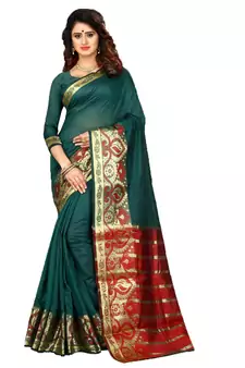 Kimisha Women's Green Jacquard Cotton Silk Saree With Designer Pallu