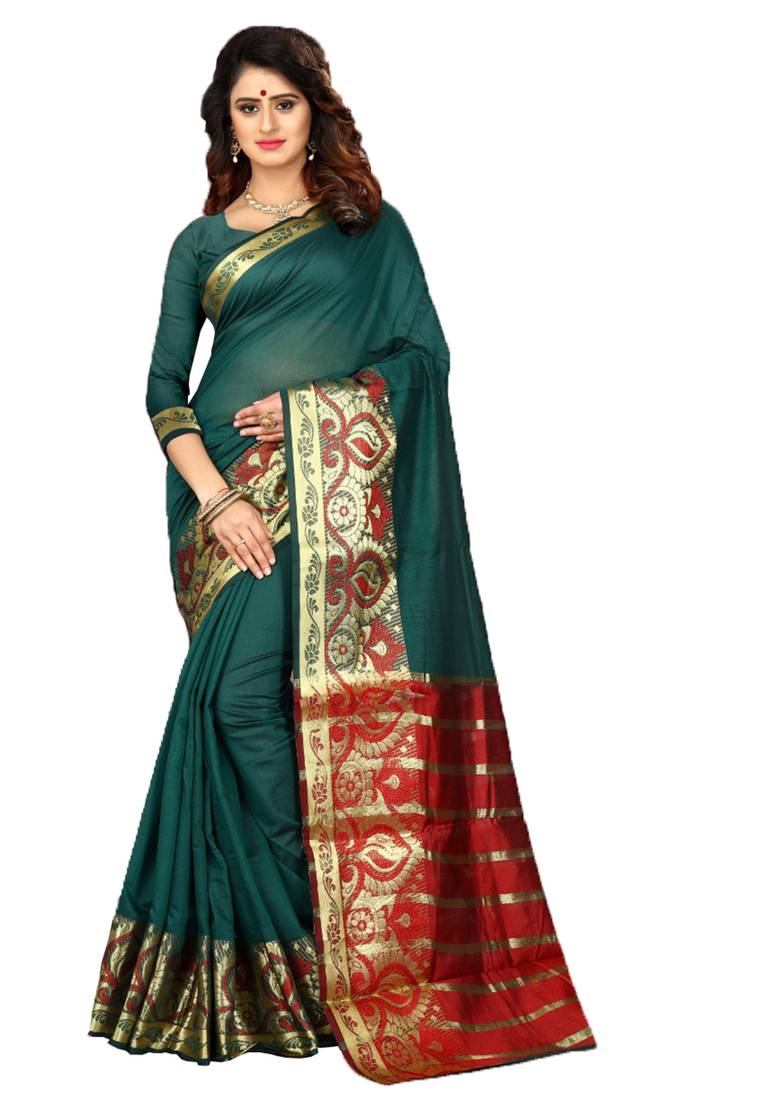 Kimisha Women's Green Jacquard Cotton Silk Saree With Designer Pallu