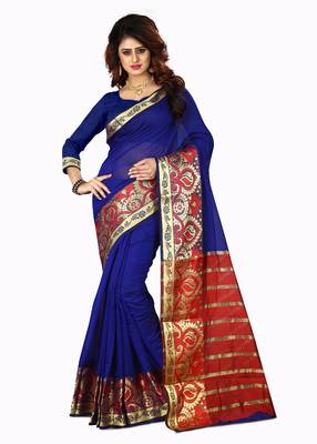 Kimisha Women's Navy Blue Jacquard Cotton Silk Saree With Designer Pallu 1