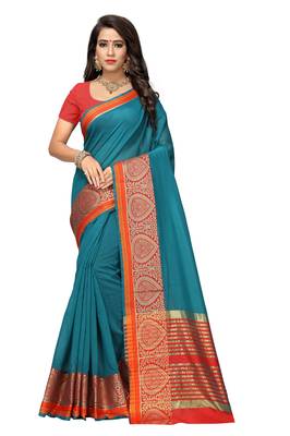 Kimisha Women's Teal Jacquard Cotton silk blend Saree With Designer Pallu 1