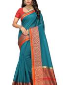 Kimisha Women's Teal Jacquard Cotton Silk Saree With Designer Pallu