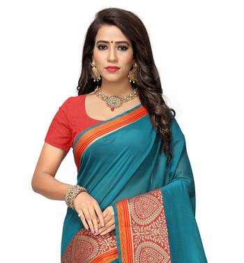 Kimisha Women's Teal Jacquard Cotton silk blend Saree With Designer Pallu 2