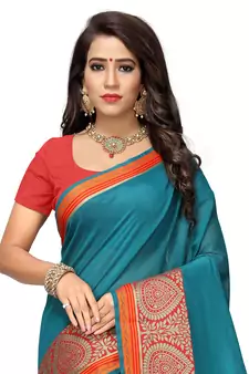 Kimisha Women's Teal Jacquard Cotton silk blend Saree With Designer Pallu