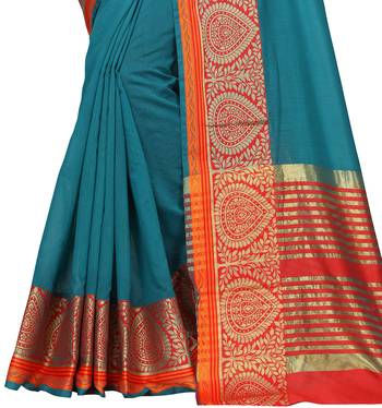Kimisha Women's Teal Jacquard Cotton silk blend Saree With Designer Pallu 3