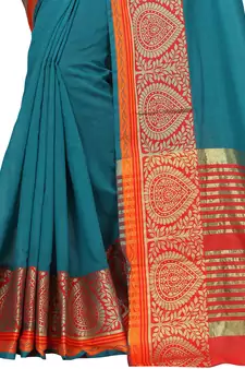 Kimisha Women's Teal Jacquard Cotton silk blend Saree With Designer Pallu
