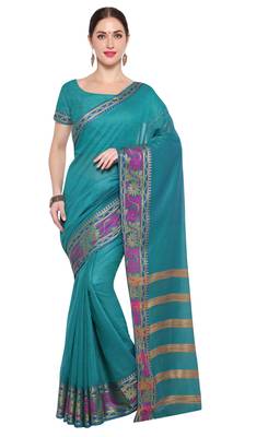 Kimisha Women's Teal Jacquard Cotton Silk Saree With Designer Pallu 1