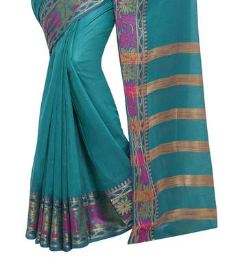 Kimisha Women's Teal Jacquard Cotton Silk Saree With Designer Pallu 2