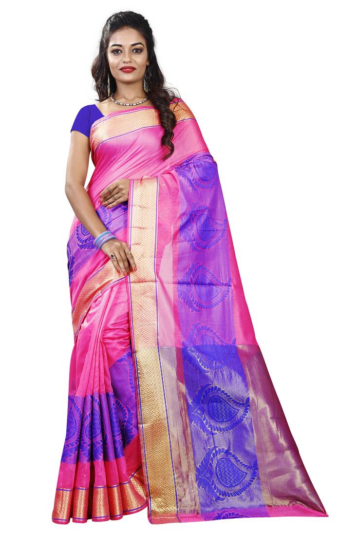 Kimisha Women's Pink Jacquard Cotton Silk Saree With Designer Pallu