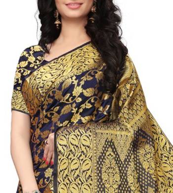 Kimisha Women's Navy Blue Jacquard Banarasi Silk Saree With Rich Pallu 2