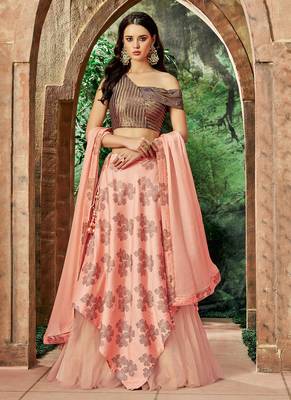 Peach Thread Embroidery Silk Semi Stitched Lehenga 1