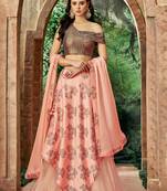 Peach Thread Embroidery Silk Semi Stitched Lehenga