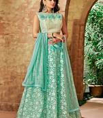Sea-Green Thread Embroidery Tissue Semi Stitched Lehenga