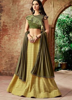 Yellow thread embroidery silk semi stitched lehenga 1