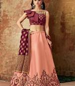 Peach Thread Embroidery Silk Semi Stitched Lehenga
