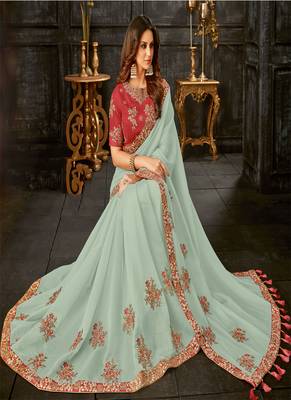 Light sea green embroidered tissue saree with blouse 1