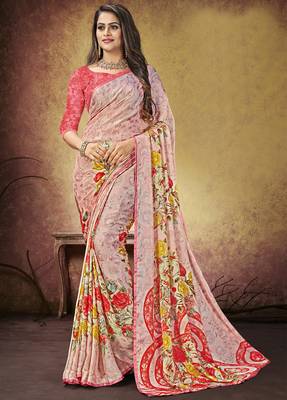 Peach printed georgette saree with blouse 1