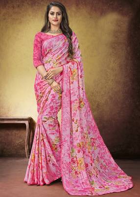 Pink printed georgette saree with blouse 1