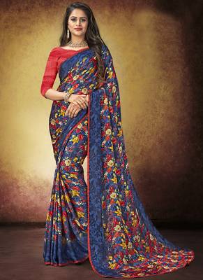 Blue printed georgette saree with blouse 1