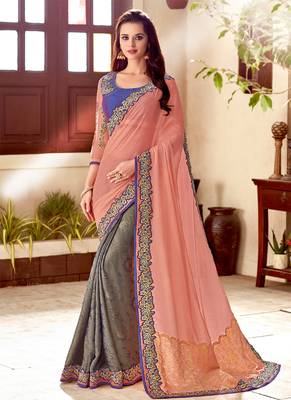 Peach embroidered silk blend saree with blouse 1