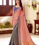 Peach embroidered silk blend saree with blouse