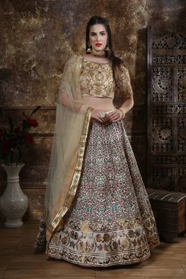 Beige Sequins Embroidered Silk Unstitched Lehenga Choli With Dupatta 1