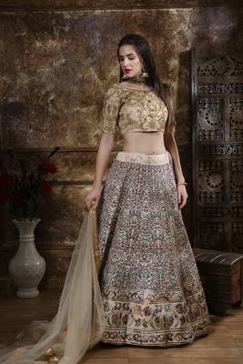Beige Sequins Embroidered Silk Unstitched Lehenga Choli With Dupatta 2