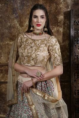 Beige Sequins Embroidered Silk Unstitched Lehenga Choli With Dupatta 3
