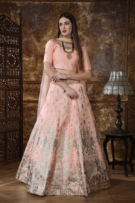 Peach Sequins Embroidered Silk Semi Stitched Bridal Lehenga 1