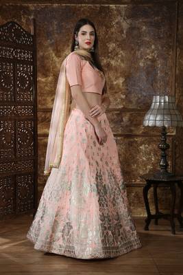 Peach Sequins Embroidered Silk Semi Stitched Bridal Lehenga 3