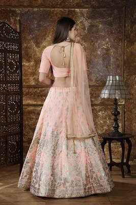 Peach Sequins Embroidered Silk Semi Stitched Bridal Lehenga 4