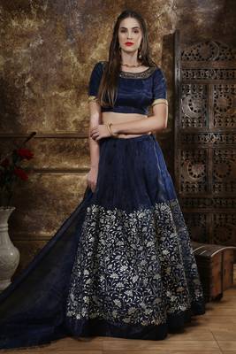 Navy Blue Sequins Embroidered Organza Semi Stitched Bridal Lehenga 1
