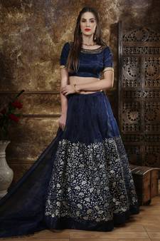 Navy Blue Sequins Embroidered Organza Semi Stitched Bridal Lehenga