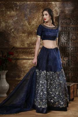 Navy Blue Sequins Embroidered Organza Semi Stitched Bridal Lehenga 2