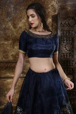 Navy Blue Sequins Embroidered Organza Semi Stitched Bridal Lehenga 3
