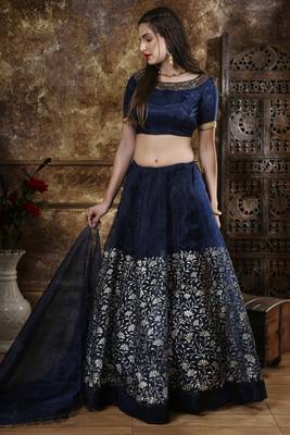 Navy Blue Sequins Embroidered Organza Semi Stitched Bridal Lehenga 4