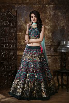 Green Sequins Embroidered Silk Semi Stitched Bridal Lehenga 1