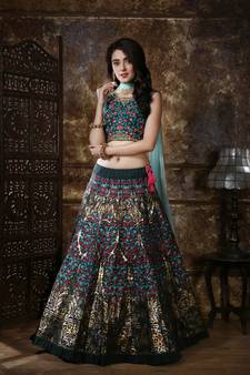 Green Sequins Embroidered Silk Semi Stitched Bridal Lehenga