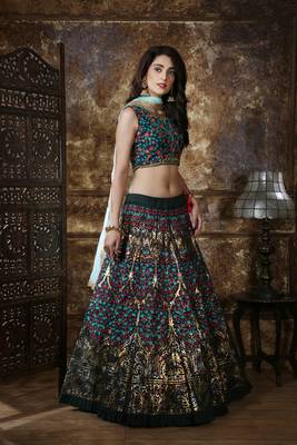 Green Sequins Embroidered Silk Semi Stitched Bridal Lehenga 3