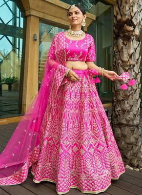 Rani Pink Chapat Zari And Dori Embroidered Malai Satin Silk Indian Wedding Lehenga Dress 1