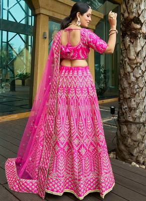 Rani Pink Chapat Zari And Dori Embroidered Malai Satin Silk Indian Wedding Lehenga Dress 4