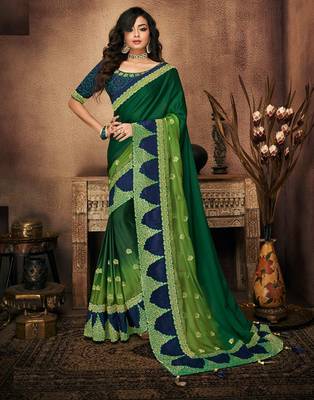 Green embroidered silk blend saree with blouse 1