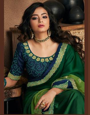 Green embroidered silk blend saree with blouse 2