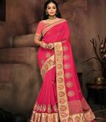 Pink embroidered silk blend saree with blouse