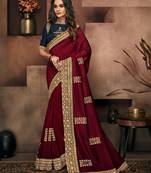 Maroon embroidered silk blend saree with blouse