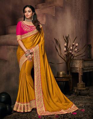 Mustard embroidered silk blend saree with blouse 1