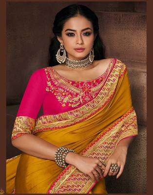 Mustard embroidered silk blend saree with blouse 2