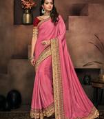 Pink embroidered silk blend saree with blouse